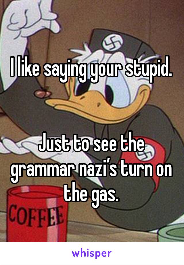 I like saying your stupid.


Just to see the grammar nazi’s turn on the gas.