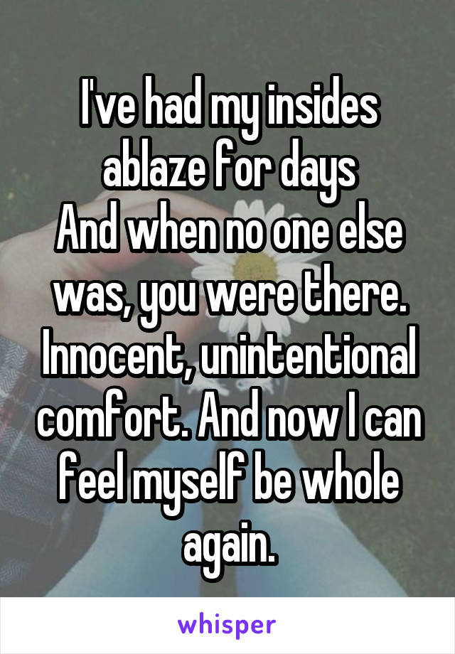 I've had my insides ablaze for days
And when no one else was, you were there. Innocent, unintentional comfort. And now I can feel myself be whole again.