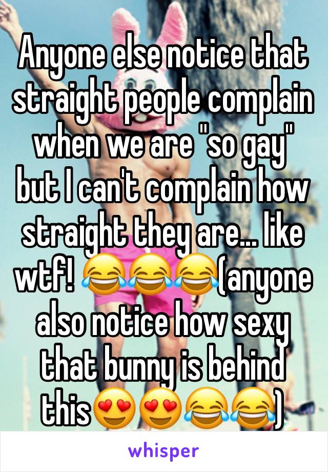 Anyone else notice that straight people complain when we are "so gay" but I can't complain how straight they are... like wtf! 😂😂😂(anyone also notice how sexy that bunny is behind this😍😍😂😂)