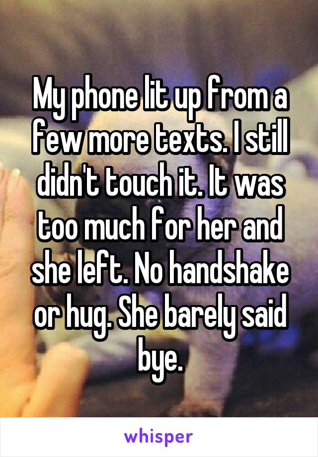 My phone lit up from a few more texts. I still didn't touch it. It was too much for her and she left. No handshake or hug. She barely said bye.