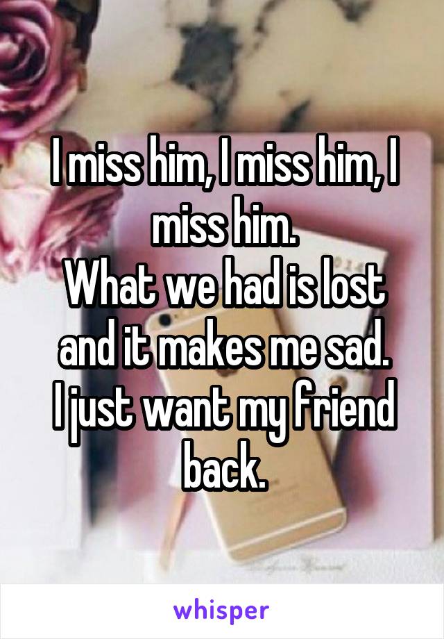 I miss him, I miss him, I miss him.
What we had is lost and it makes me sad.
I just want my friend back.