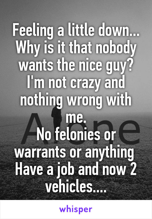 Feeling a little down...
Why is it that nobody wants the nice guy?
I'm not crazy and nothing wrong with me.
No felonies or warrants or anything 
Have a job and now 2 vehicles....