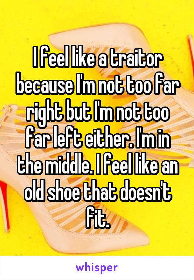 I feel like a traitor because I'm not too far right but I'm not too far left either. I'm in the middle. I feel like an old shoe that doesn't fit.