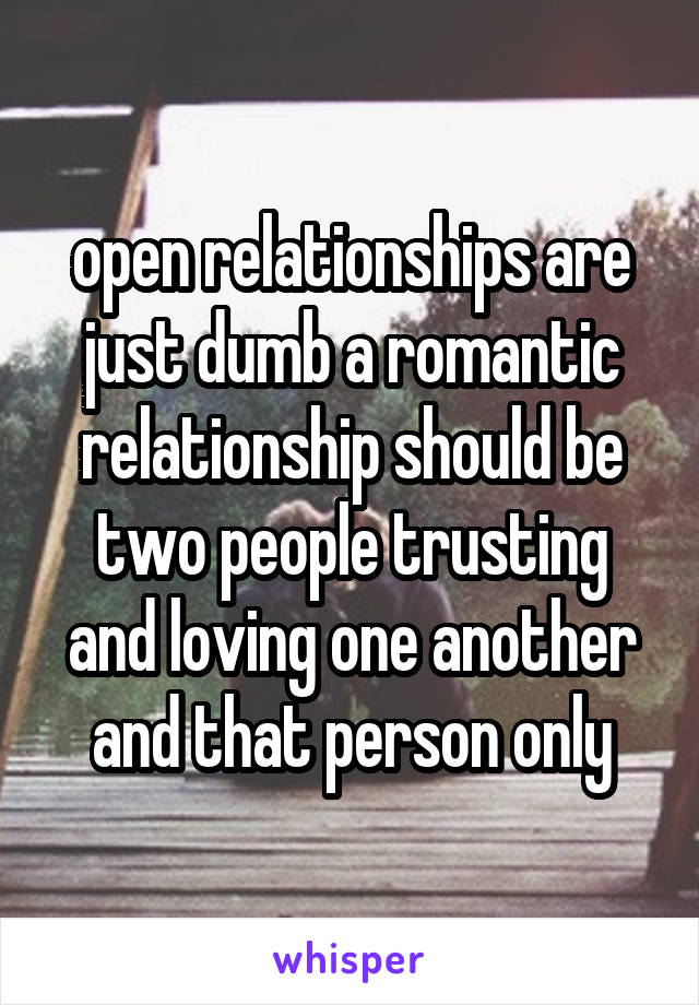 open relationships are just dumb a romantic relationship should be two people trusting and loving one another and that person only