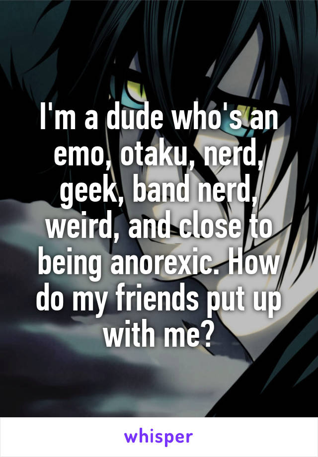 I'm a dude who's an emo, otaku, nerd, geek, band nerd, weird, and close to being anorexic. How do my friends put up with me?