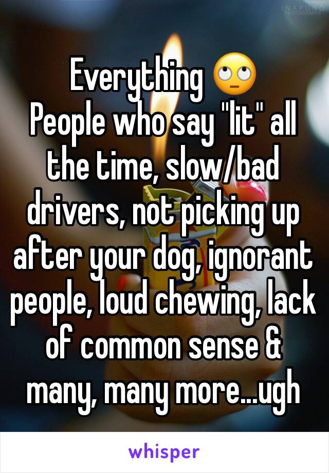 Everything 🙄
People who say "lit" all the time, slow/bad drivers, not picking up after your dog, ignorant people, loud chewing, lack of common sense & many, many more...ugh