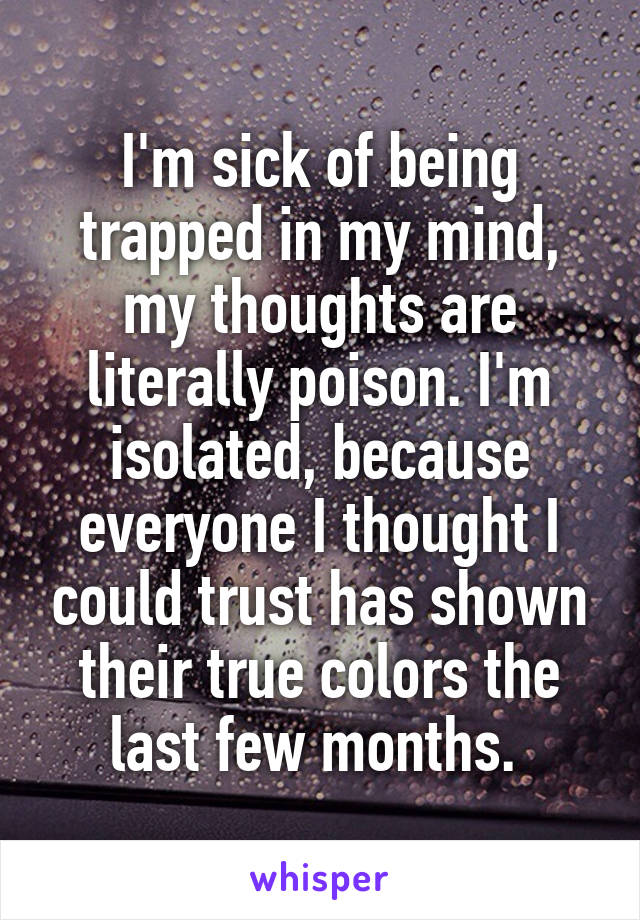 I'm sick of being trapped in my mind, my thoughts are literally poison. I'm isolated, because everyone I thought I could trust has shown their true colors the last few months. 