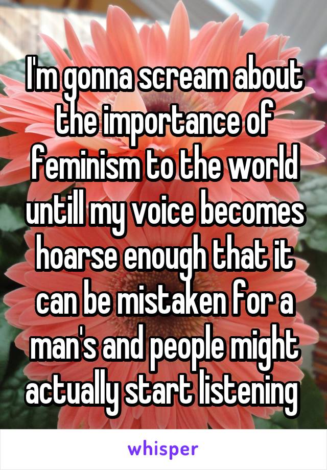 I'm gonna scream about the importance of feminism to the world untill my voice becomes hoarse enough that it can be mistaken for a man's and people might actually start listening 