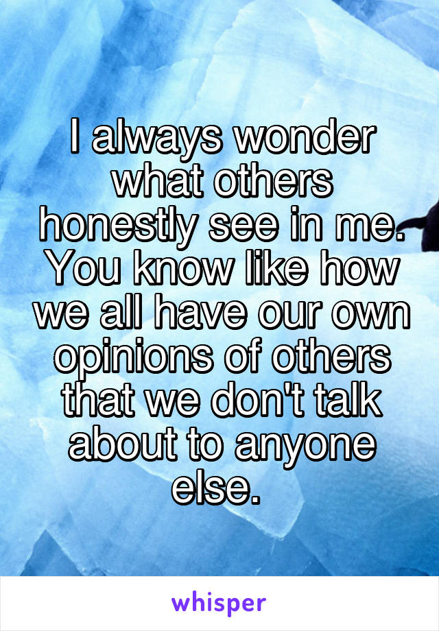 I always wonder what others honestly see in me. You know like how we all have our own opinions of others that we don't talk about to anyone else. 