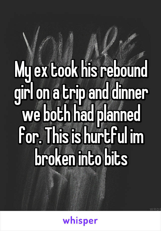 My ex took his rebound girl on a trip and dinner we both had planned for. This is hurtful im broken into bits