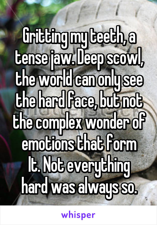 Gritting my teeth, a tense jaw. Deep scowl, the world can only see the hard face, but not the complex wonder of emotions that form
It. Not everything hard was always so.