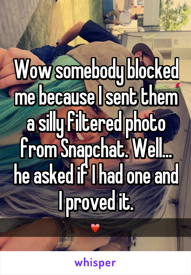 Wow somebody blocked me because I sent them a silly filtered photo from Snapchat. Well... he asked if I had one and I proved it.