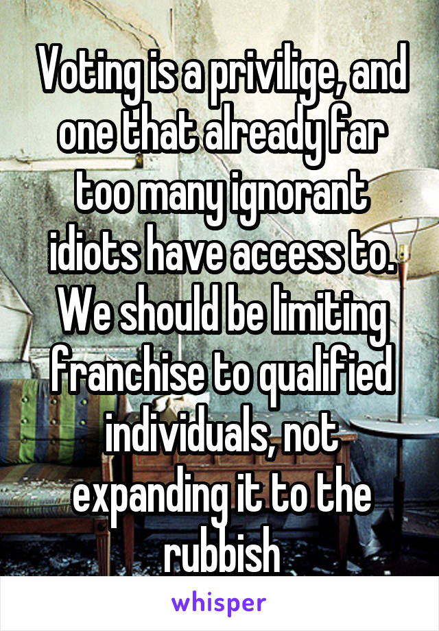 Voting is a privilige, and one that already far too many ignorant idiots have access to. We should be limiting franchise to qualified individuals, not expanding it to the rubbish