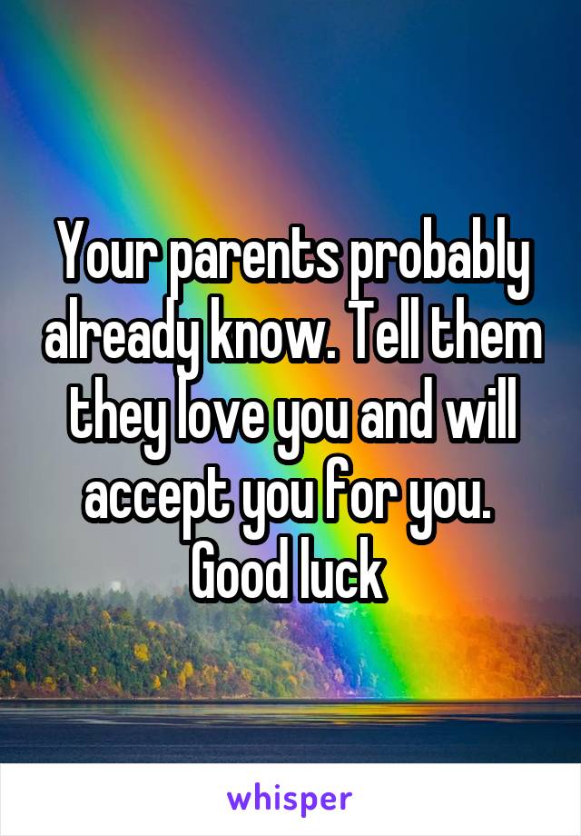 Your parents probably already know. Tell them they love you and will accept you for you. 
Good luck 