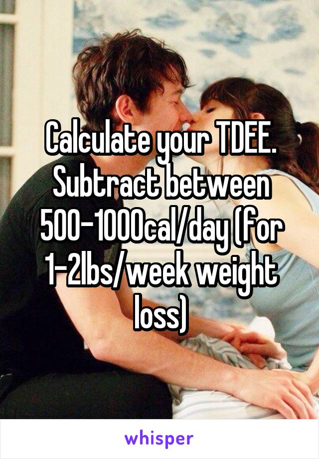 Calculate your TDEE. Subtract between 500-1000cal/day (for 1-2lbs/week weight loss)