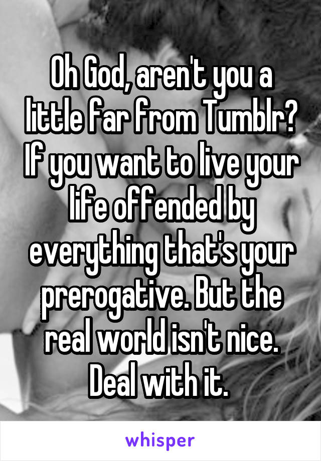 Oh God, aren't you a little far from Tumblr? If you want to live your life offended by everything that's your prerogative. But the real world isn't nice. Deal with it. 