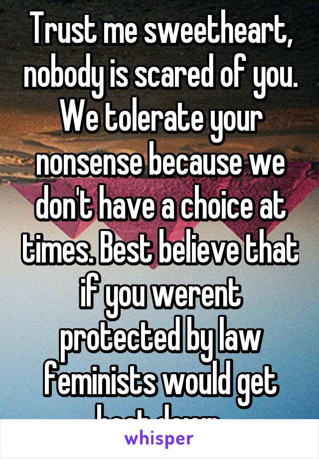 Trust me sweetheart, nobody is scared of you. We tolerate your nonsense because we don't have a choice at times. Best believe that if you werent protected by law feminists would get beat down.