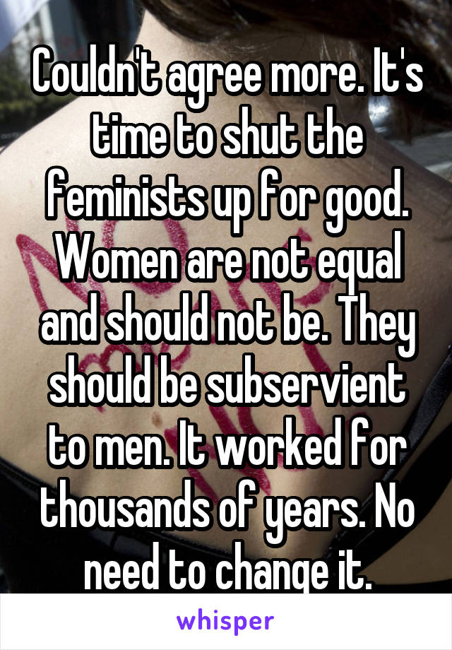 Couldn't agree more. It's time to shut the feminists up for good. Women are not equal and should not be. They should be subservient to men. It worked for thousands of years. No need to change it.