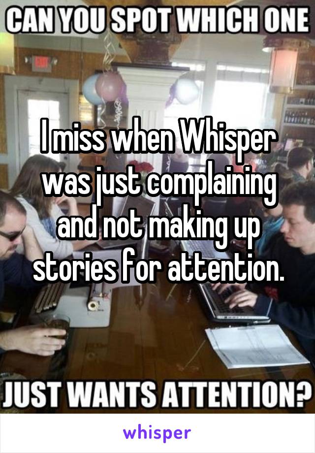 I miss when Whisper was just complaining and not making up stories for attention.
