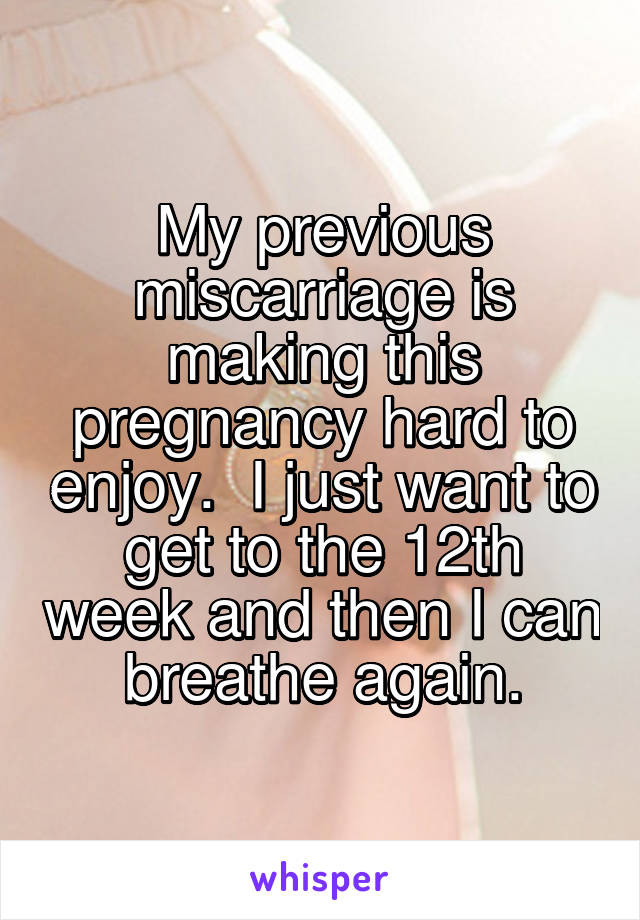 My previous miscarriage is making this pregnancy hard to enjoy.  I just want to get to the 12th week and then I can breathe again.