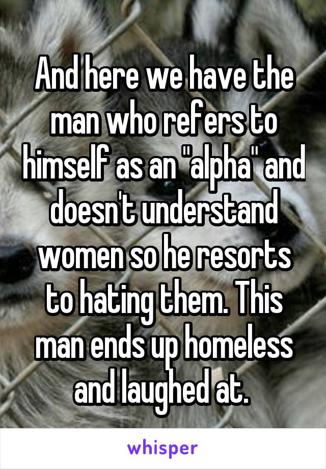 And here we have the man who refers to himself as an "alpha" and doesn't understand women so he resorts to hating them. This man ends up homeless and laughed at. 