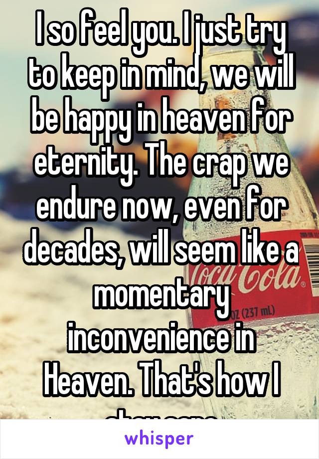 I so feel you. I just try to keep in mind, we will be happy in heaven for eternity. The crap we endure now, even for decades, will seem like a momentary inconvenience in Heaven. That's how I stay sane