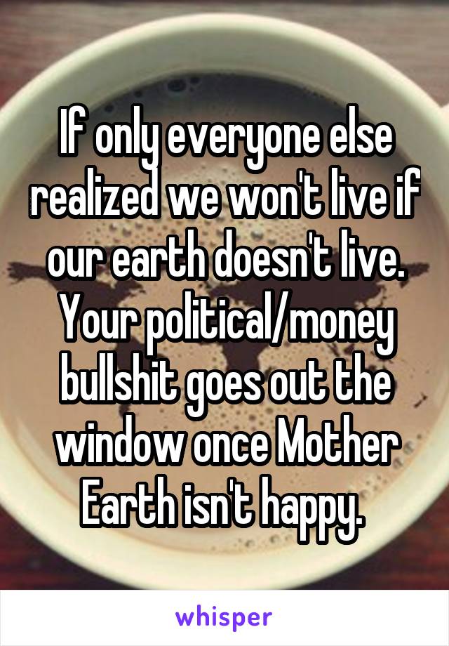 If only everyone else realized we won't live if our earth doesn't live. Your political/money bullshit goes out the window once Mother Earth isn't happy. 