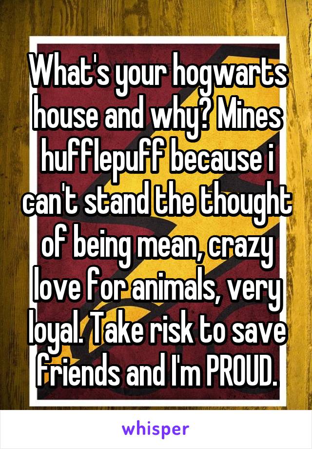 What's your hogwarts house and why? Mines hufflepuff because i can't stand the thought of being mean, crazy love for animals, very loyal. Take risk to save friends and I'm PROUD.
