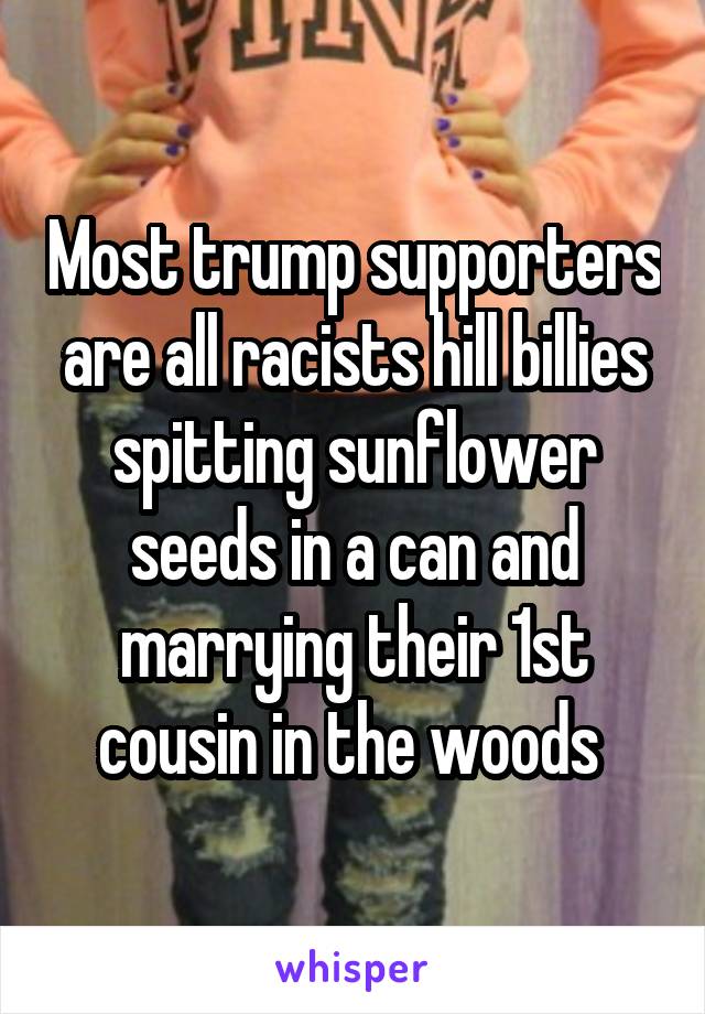 Most trump supporters are all racists hill billies spitting sunflower seeds in a can and marrying their 1st cousin in the woods 