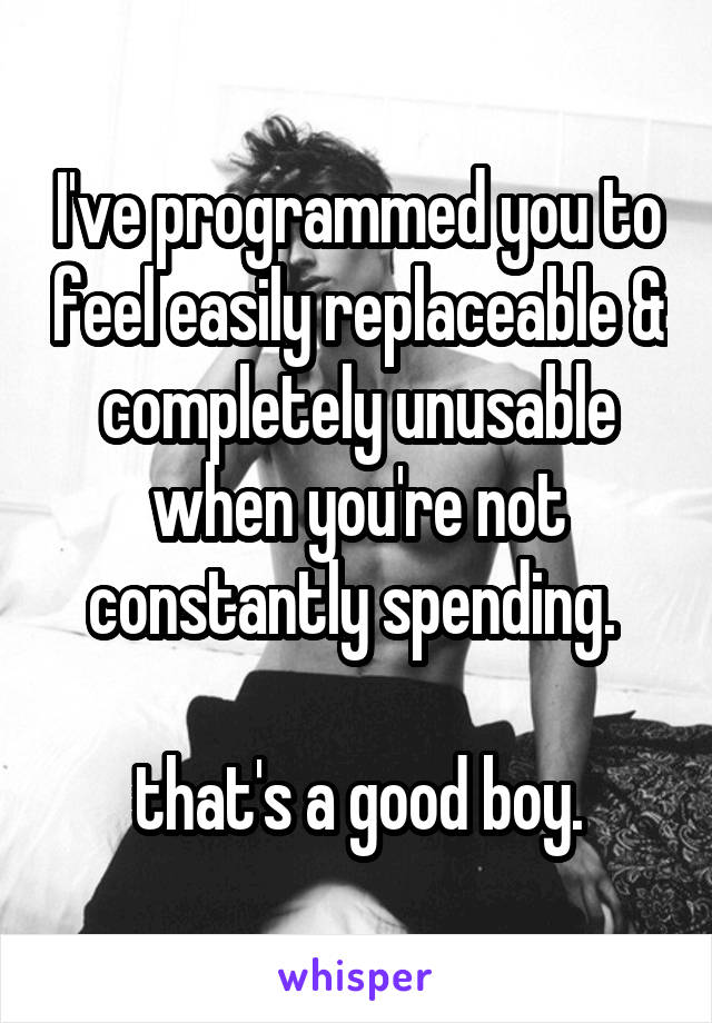 I've programmed you to feel easily replaceable & completely unusable when you're not constantly spending. 

that's a good boy.