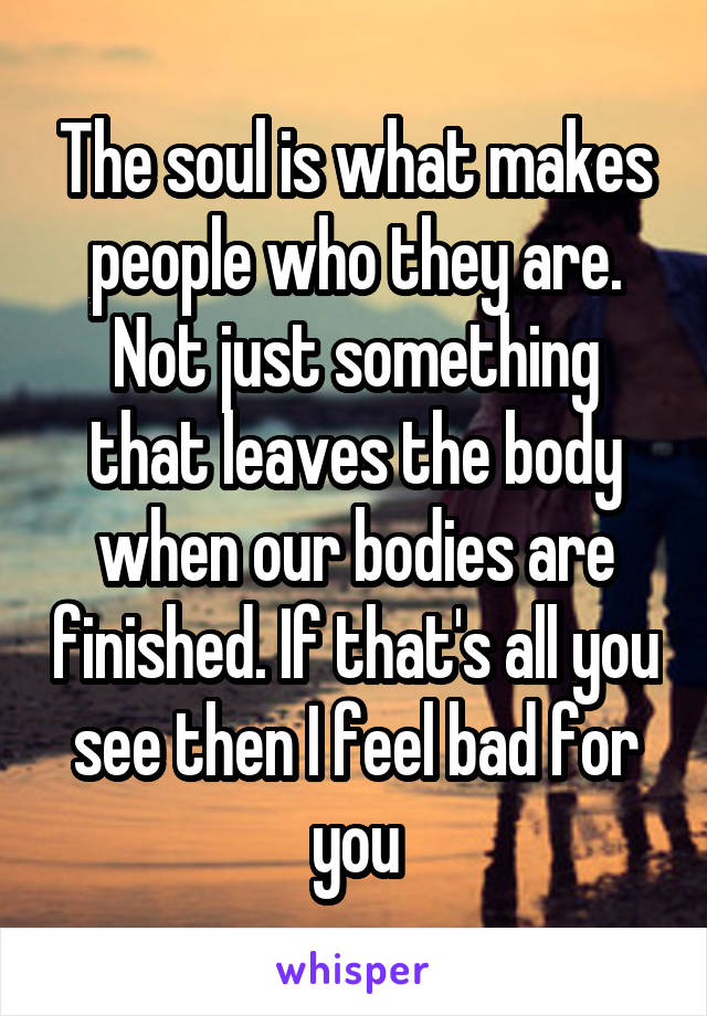 The soul is what makes people who they are. Not just something that leaves the body when our bodies are finished. If that's all you see then I feel bad for you