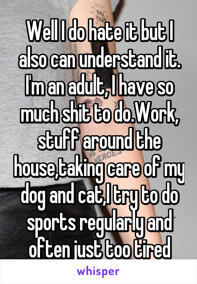 Well I do hate it but I also can understand it. I'm an adult, I have so much shit to do.Work, stuff around the house,taking care of my dog and cat,I try to do sports regularly and often just too tired