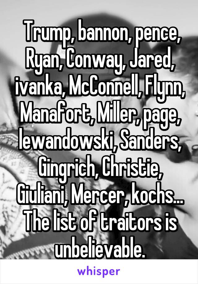  Trump, bannon, pence, Ryan, Conway, Jared, ivanka, McConnell, Flynn, Manafort, Miller, page, lewandowski, Sanders, Gingrich, Christie, Giuliani, Mercer, kochs... The list of traitors is unbelievable.