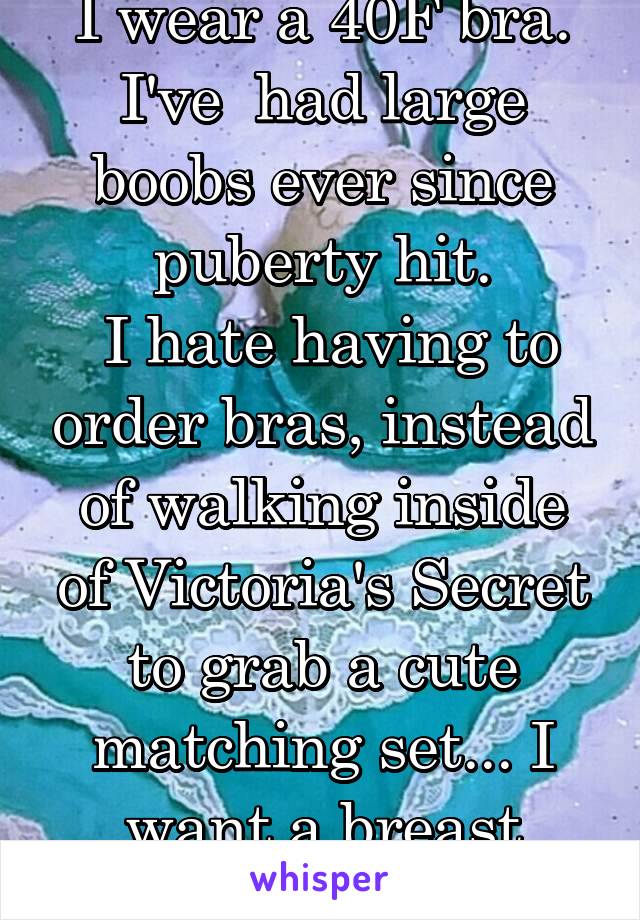 I wear a 40F bra. I've  had large boobs ever since puberty hit.
 I hate having to order bras, instead of walking inside of Victoria's Secret to grab a cute matching set... I want a breast reduction. 