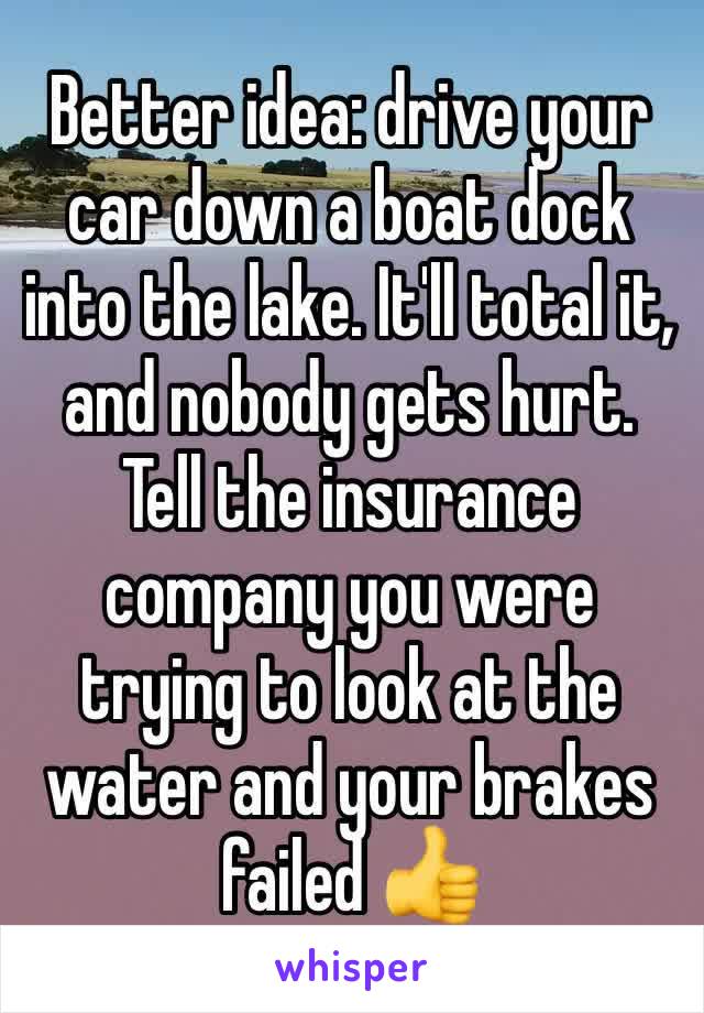 Better idea: drive your car down a boat dock into the lake. It'll total it, and nobody gets hurt. Tell the insurance company you were trying to look at the water and your brakes failed 👍