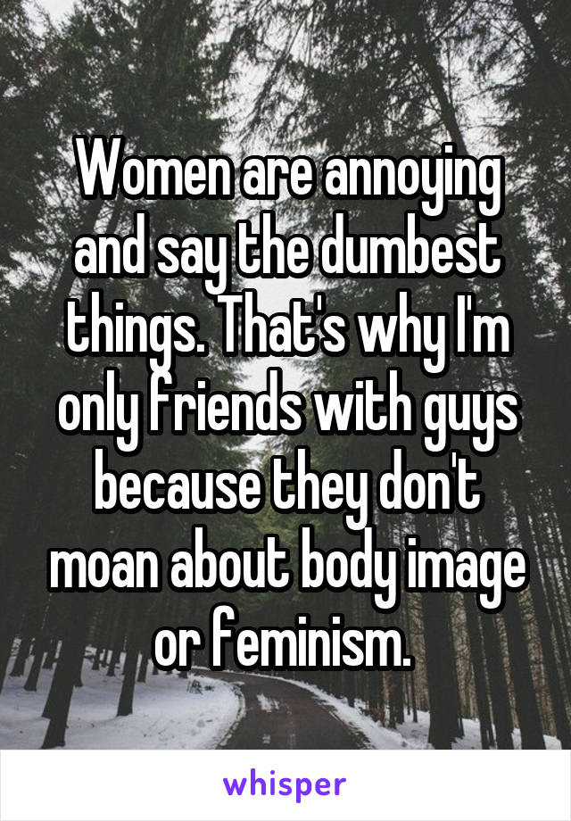 Women are annoying and say the dumbest things. That's why I'm only friends with guys because they don't moan about body image or feminism. 