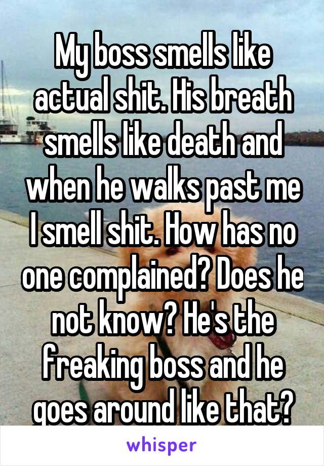 My boss smells like actual shit. His breath smells like death and when he walks past me I smell shit. How has no one complained? Does he not know? He's the freaking boss and he goes around like that?