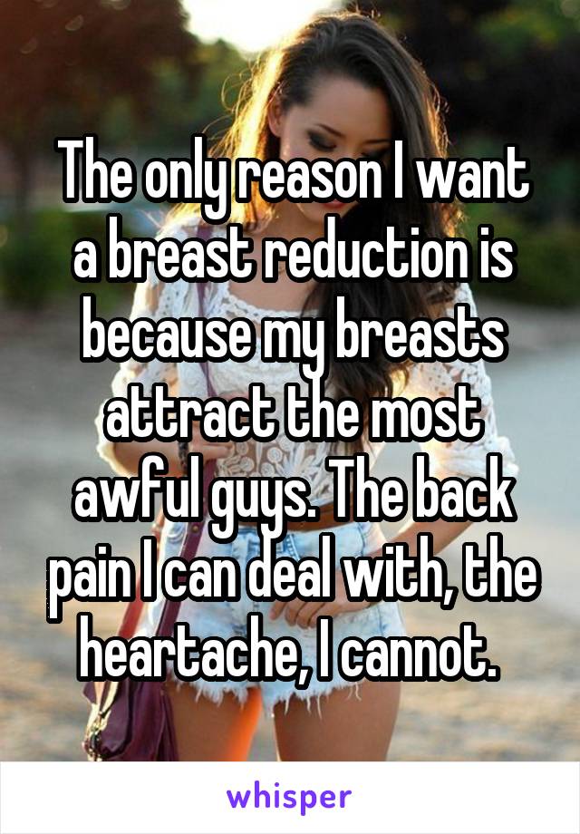 The only reason I want a breast reduction is because my breasts attract the most awful guys. The back pain I can deal with, the heartache, I cannot. 