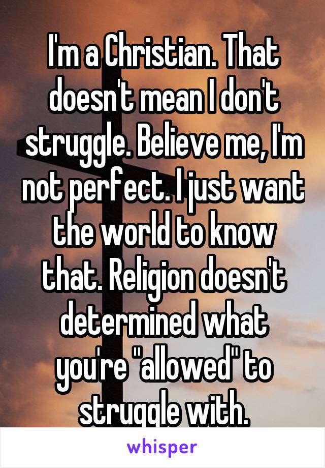 I'm a Christian. That doesn't mean I don't struggle. Believe me, I'm not perfect. I just want the world to know that. Religion doesn't determined what you're "allowed" to struggle with.