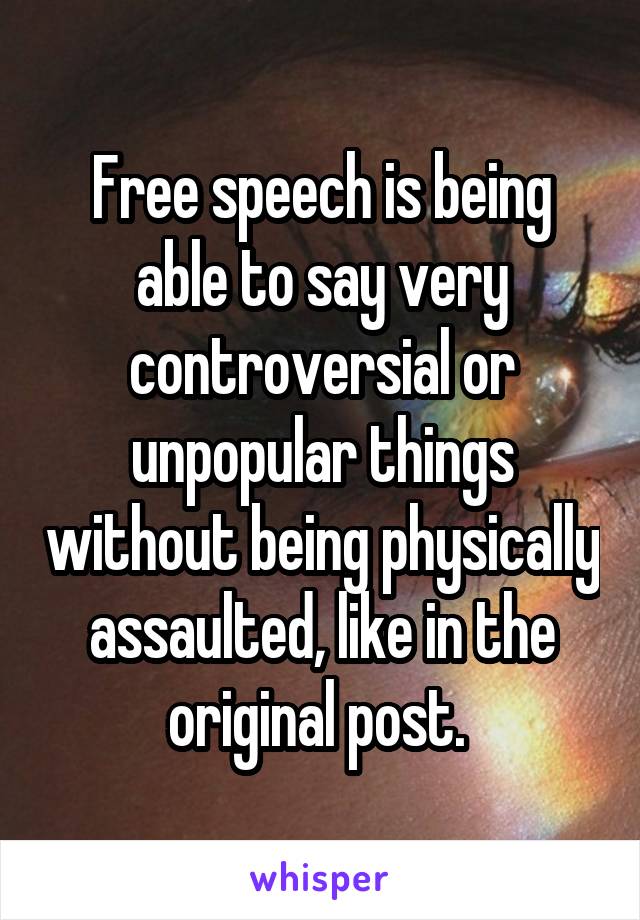Free speech is being able to say very controversial or unpopular things without being physically assaulted, like in the original post. 