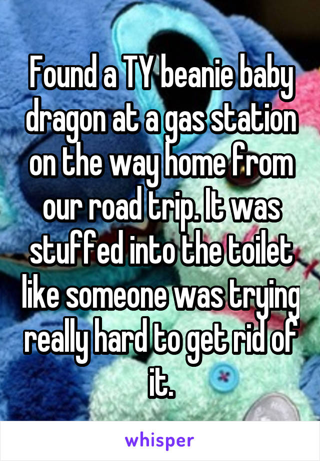 Found a TY beanie baby dragon at a gas station on the way home from our road trip. It was stuffed into the toilet like someone was trying really hard to get rid of it.