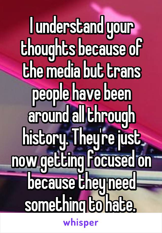 I understand your thoughts because of the media but trans people have been around all through history. They're just now getting focused on because they need something to hate. 