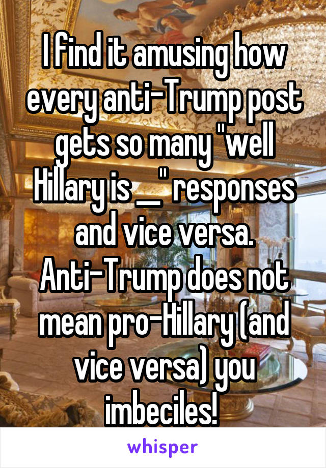I find it amusing how every anti-Trump post gets so many "well Hillary is __" responses and vice versa. Anti-Trump does not mean pro-Hillary (and vice versa) you imbeciles! 