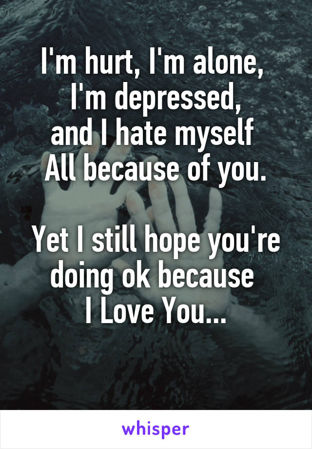 I'm hurt, I'm alone, 
I'm depressed,
and I hate myself 
All because of you.

Yet I still hope you're doing ok because 
I Love You...

