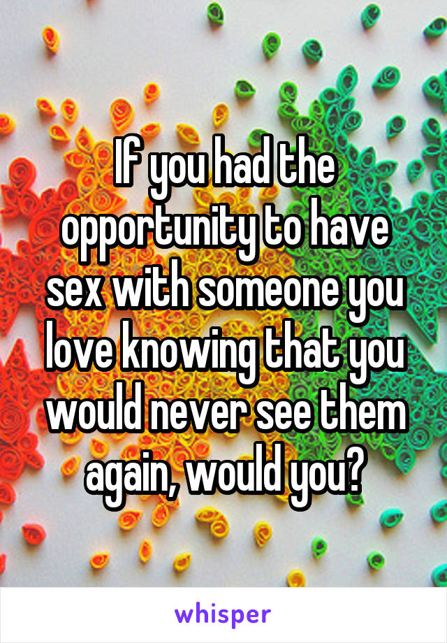 If you had the opportunity to have sex with someone you love knowing that you would never see them again, would you?