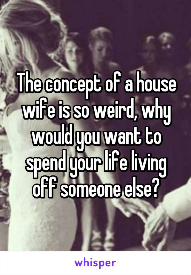 The concept of a house wife is so weird, why would you want to spend your life living off someone else?