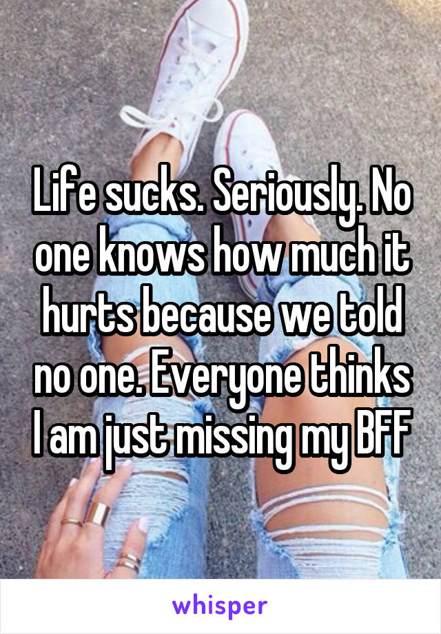 Life sucks. Seriously. No one knows how much it hurts because we told no one. Everyone thinks I am just missing my BFF