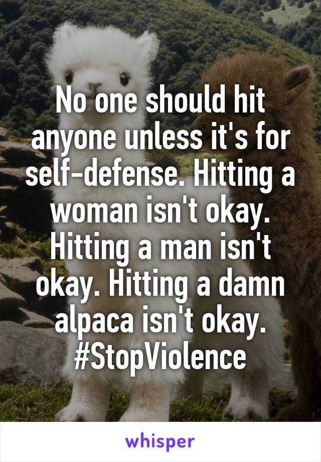 No one should hit anyone unless it's for self-defense. Hitting a woman isn't okay. Hitting a man isn't okay. Hitting a damn alpaca isn't okay. #StopViolence