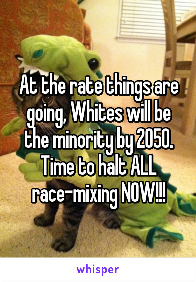At the rate things are going, Whites will be the minority by 2050. Time to halt ALL race-mixing NOW!!!