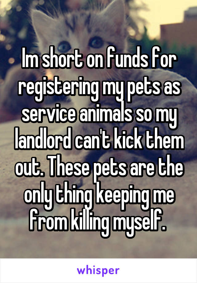 Im short on funds for registering my pets as service animals so my landlord can't kick them out. These pets are the only thing keeping me from killing myself. 